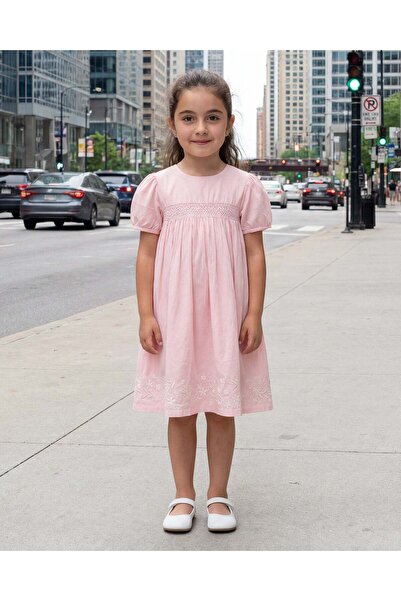 REDTAG فستان بناتي وردي فاتح بنقشة دوبي وأكمام منفوخة ومطرز