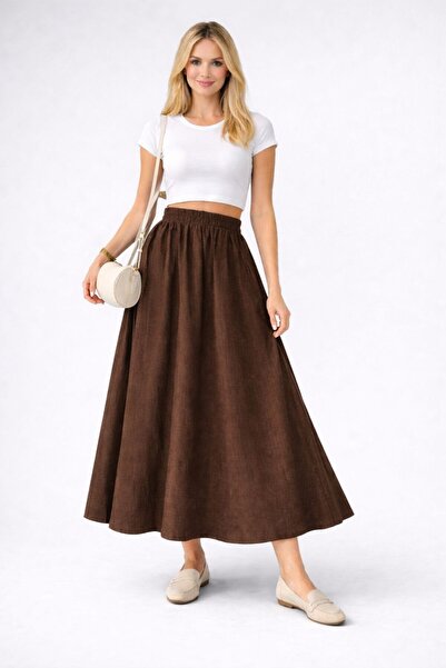 mor butik Women's Brown Midi Skirt Double Fabric Comfortable Fit Elastic Waist