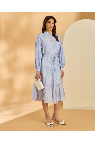 REDTAG فستان نسائي أزرق مطبوع بأزرار أمامية وأكمام طويلة