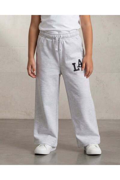 REDTAG Girls Light Grey LA Embroidered Wide Leg Track Pants