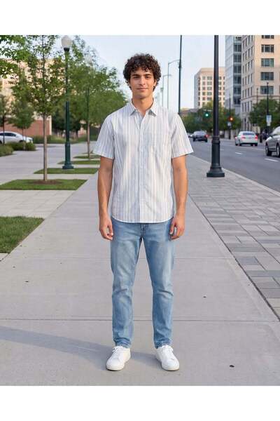 REDTAG Men White Blue Striped Short Sleeve Shirt