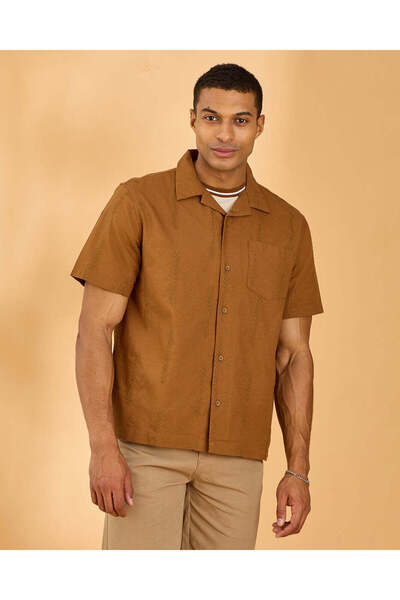 REDTAG Men Brown Plain Short Sleeve Shirt
