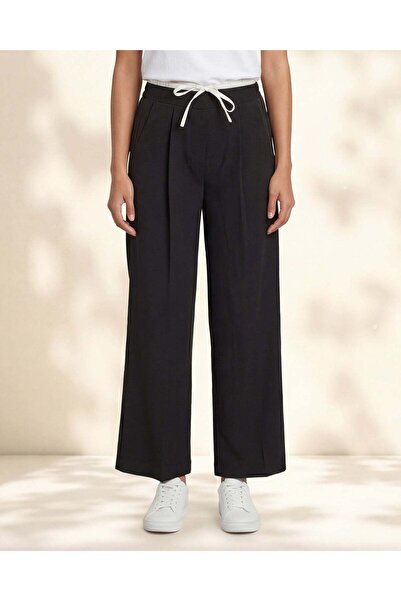 REDTAG Women Black Double Waistband Wide Leg Woven Trousers