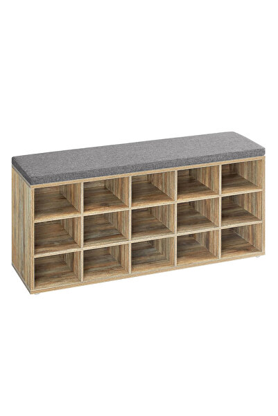 VASAGLE Shoe bench with seat and cushion, 15 open compartments, chipboard, 10...