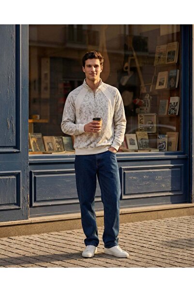 REDTAG Men Ecru AOP Collar Front Zip Raglan Sweatshirt