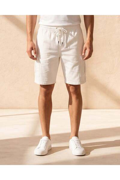 REDTAG Men White Cargo Knit Denim Shorts