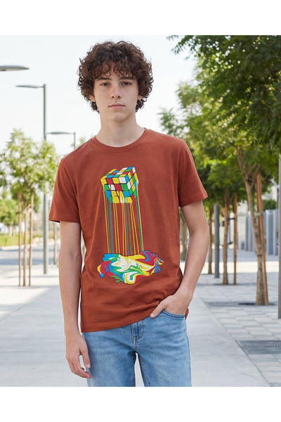 REDTAG Senior Boys Brown Printed T-shirt