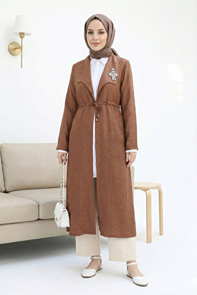 FERHEL Women's Stone Embellished Waist-Tie Linen Cap - Tan