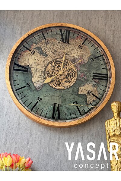 YASAR CONCEPT Globera Dünya Haritalı Ahşap Çarklı Saat 100 Cm