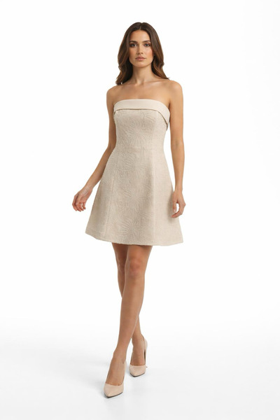 aşkın göksu Vizon Straplez Saten Yaka Boncuk İşlemeli Dantel Kadın Kısa Abiye