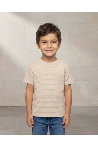 REDTAG Boys Beige Jacquard Loose Fit T-Shirt