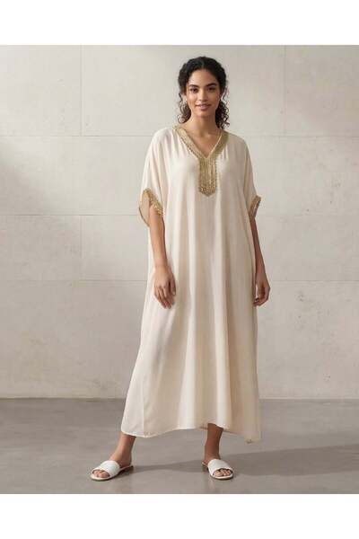 REDTAG قميص نوم نسائي طويل الأكمام مطرّز باللون الكريمي