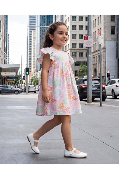 REDTAG فستان أبيض مزين بالزهور للبنات بياقة مطاطية