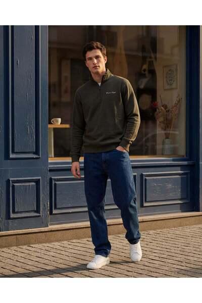 REDTAG Men Green Half Zip Turtle Neck Sweatshirt