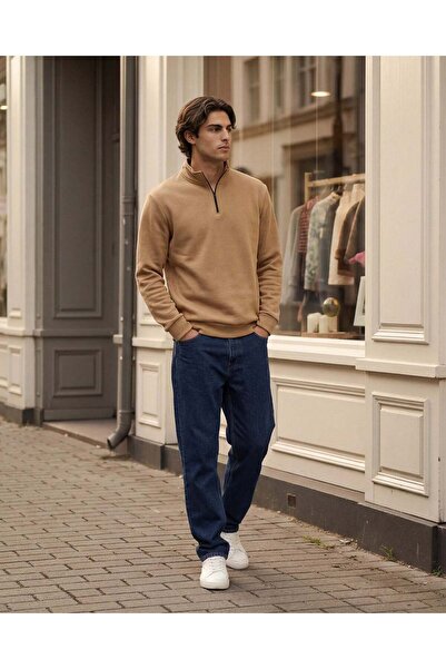 REDTAG Men Brown Half Zip Sweatshirt with Chest Logo