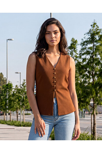 REDTAG Women Brown V-Neck Front Button Blouse