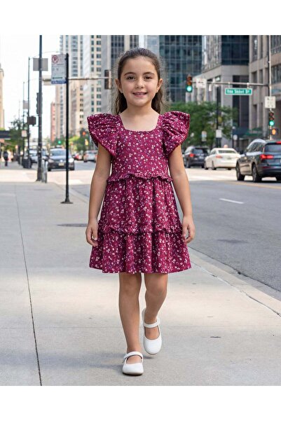 REDTAG فستان بناتي وردي مطبوع بالكامل ومزين بالكشكشة