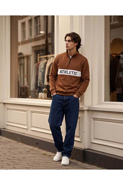 REDTAG Men Brown Half Zip Cut & Sew Sweatshirt