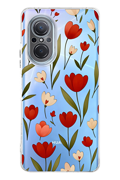 FLAMENKO Huawei Nova 9 Se Compatible Red Tulip Patterned Transparent Phone Case