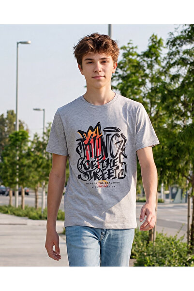 REDTAG تي شيرت رمادي مطبوع للأولاد الكبار