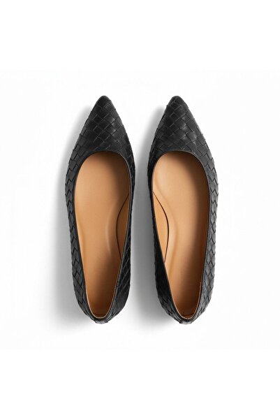 NE&VE SHOES Siyah Hakiki Deri Örgü Detaylı Kadın Sivri Burun Şık ve Rahat Babet