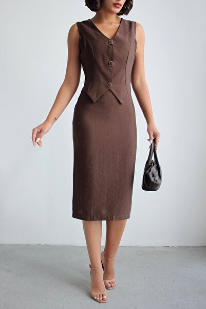 bacc Set de 2 piese: vestă și rochie din țesătură maro din tensel, model roch...
