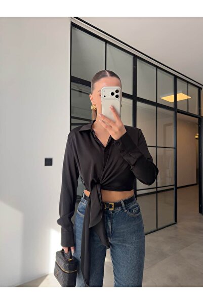 BB Bensu Buyruk Belden Tie-Up Satin Shirt Black