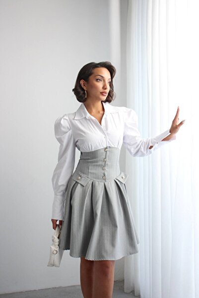 bacc Gray Pleated Striped Woven Shirt Dress Bchn-2526115