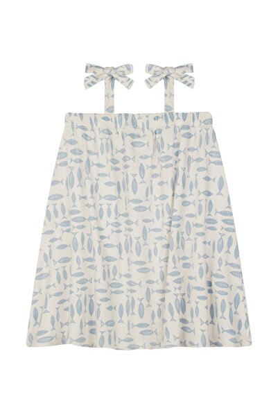 Antebies فستان بناتي من الخيزران المستدام بتصميم سمكة زرقاء وحزام رفيع قابل ل...