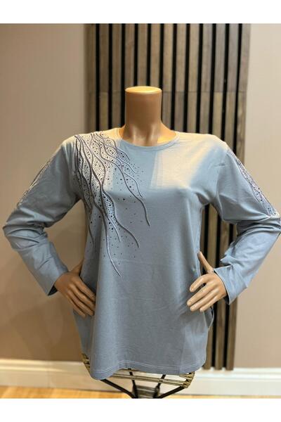 AKMAVİ Women's Middle Age and Above Baguette Stone Mother Combed Cotton Blouse