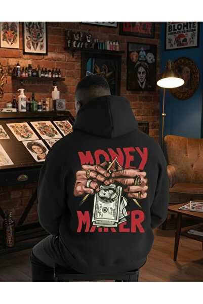 KVİNS Hanorac unisex verde cu glugă, supradimensionat, cu imprimeu Money Maker