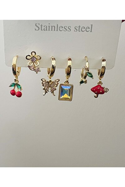 ACAR TAKI Steel 6-Piece Cherry, Mushroom, Butterfly Detail Earring Set-Gold C...