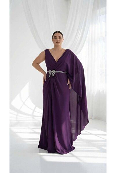 aşkın göksu Mürdüm V Yaka Bel Fiyonglu Beden Drapeli Kadın Abiye