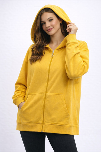 NEW JOURNAL Women's Mustard 3 Thread Hooded Zipper Oversize Sweatshirt Nj105