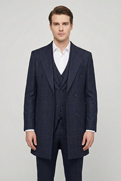 Giotelli Navy Blue Slim Fit Plaid Mono Collar Belted Waist 6 Drop Woven Fully...