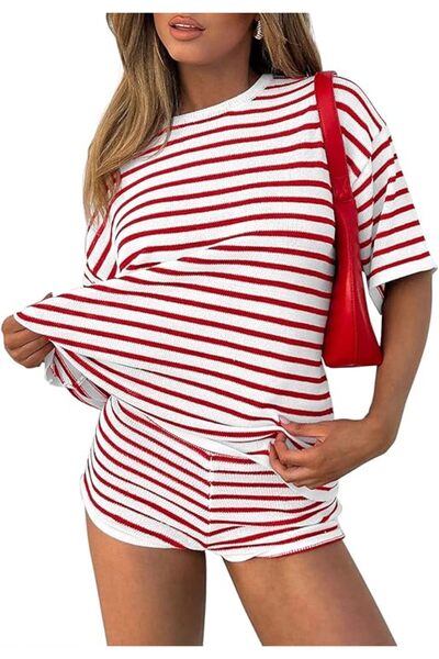 OEM Women's Two-Piece Tracksuit - Striped Set, Short Sleeve, Shorts - Red, S