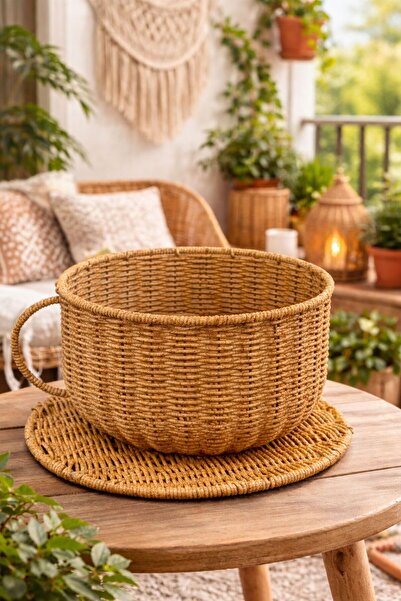 YzHome Wicker Rattan Plate Flowerpot with Handle Cup Model Basket Decoration