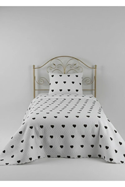 Çeyiz Merkezi Pinterest Kalpli Yatak Örtüsü – Tek Kişilik BEYAZ-SİYAH