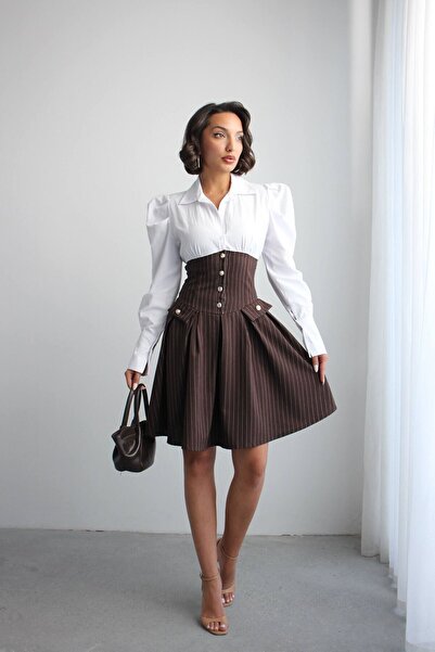 bacc Coffee Pleated Striped Woven Shirt Dress Bchn-2526115