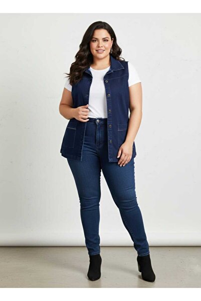 tailorfit jeans Kadın Kot Yelek Büyük Beden Cep Taşlı Yırtmaçlı