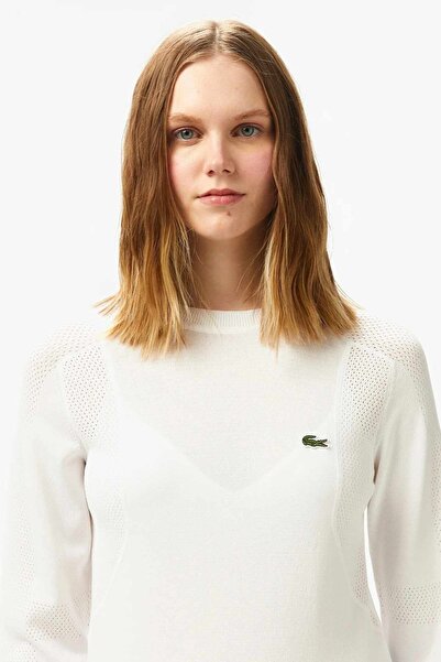 Lacoste Kadın Regular Fit Bisiklet Yaka Likralı Ribanalı Triko Beyaz