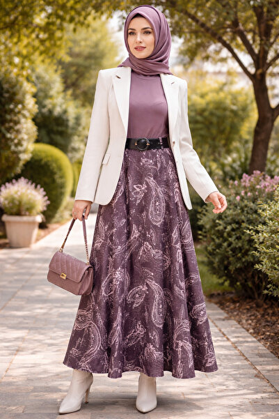ŞIK VE MUTLU Shawl Pattern Belted Hijab Skirt