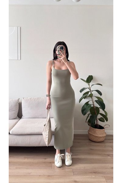 Zoom Butik Ön Arka Kare Elbise - YEŞİL