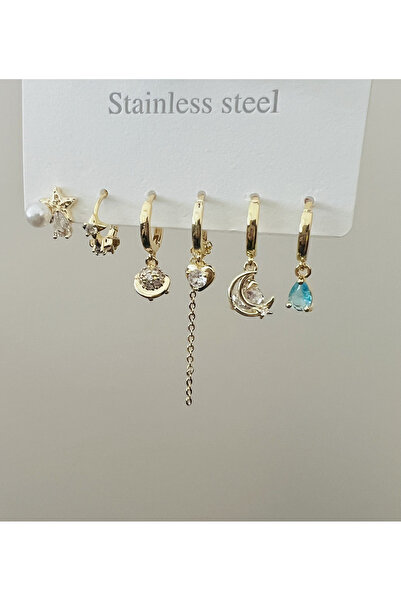 ACAR TAKI طقم أقراط فولاذي مكون من 6 قطع على شكل سلحفاة مع أحجار تركواز - لون...