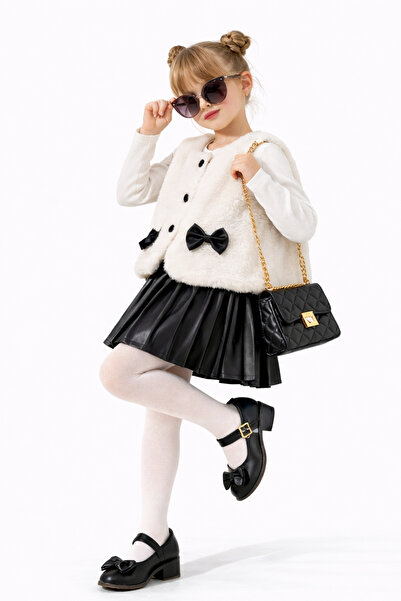 AHENGİM Kız Çocuk Peluş Yelekli Deri Piliseli Etek 3 lü Set Takım Ak2601