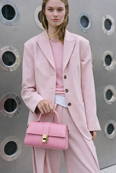 Assia Atelier Pembe Kadın Mini El Çantası Gold Kapaklı olsun