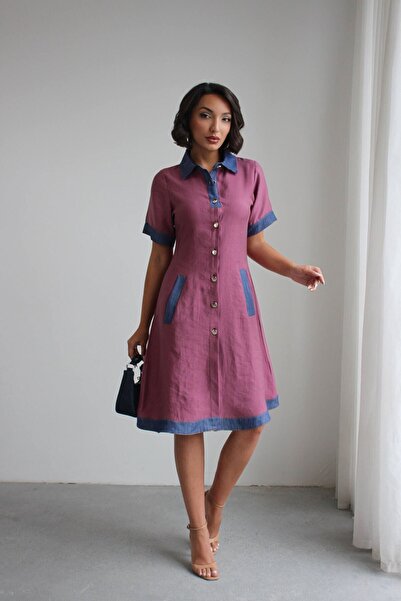 bacc Women's Dusty Rose Denim Garnished Buttoned Tencel Woven Dress Bchn-2526114