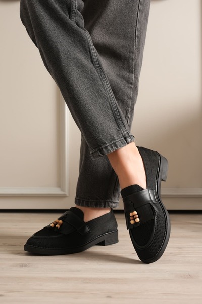 BellaPiede Women's black beaded tassel casual low heel shoes tr30ms01a