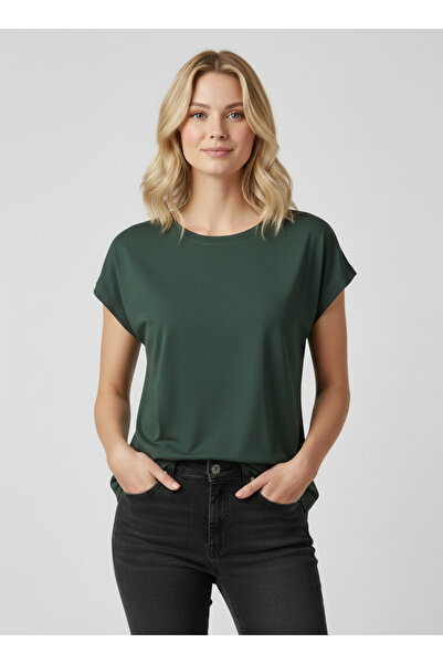 NEW JOURNAL Women's Green Crew Neck Plain Short Sleeve T-Shirt Nj94