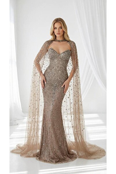 aşkın göksu Bakır Straplez Yaka Beden Taş İşlemeli Pelerin Kollu Kadın Abiye